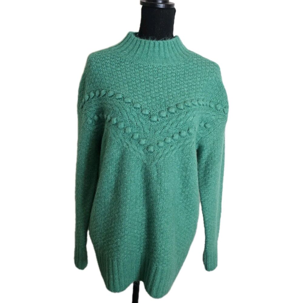 Talbots Chevron Knit Mockneck Sweater Medium Green Pullover Pom Pom